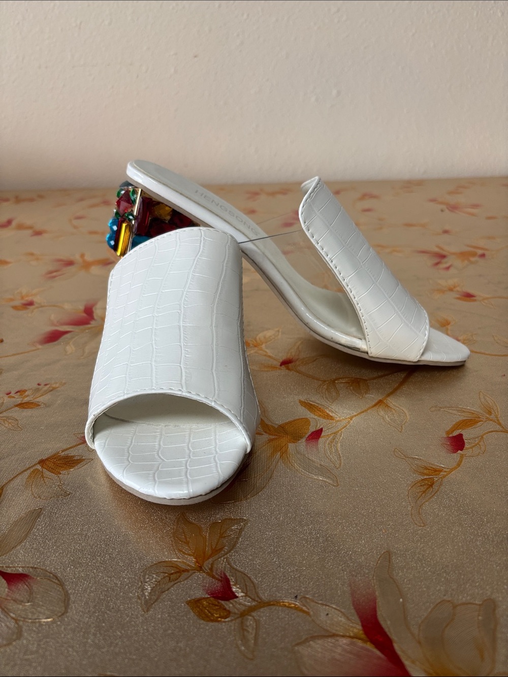 White Croc-Embossed Slide Mules with Colorful Gem Accent